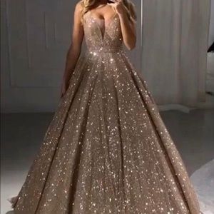 A-line V neck sequins rose gold dress